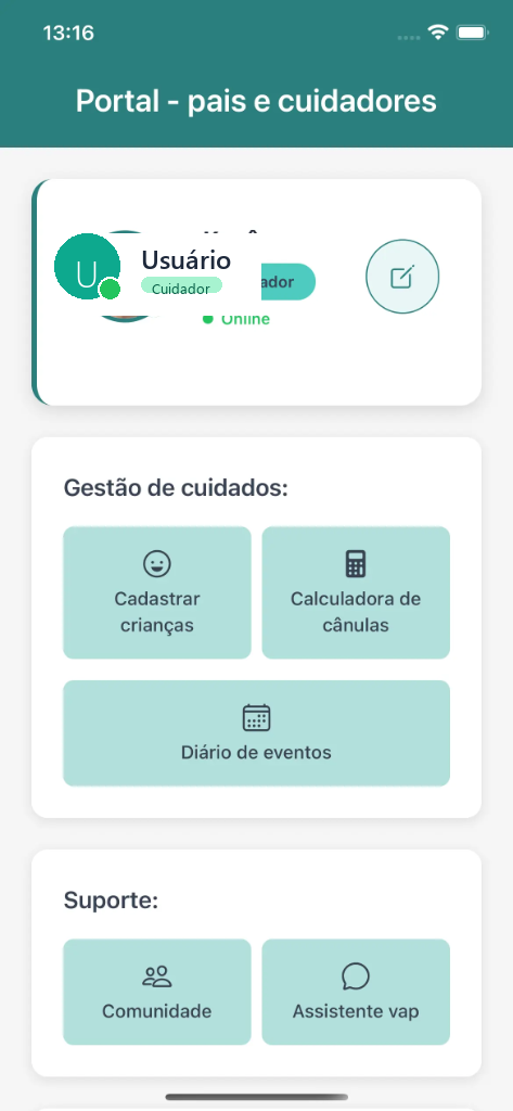 Tela do VAP App - Portal Pais e Cuidadores